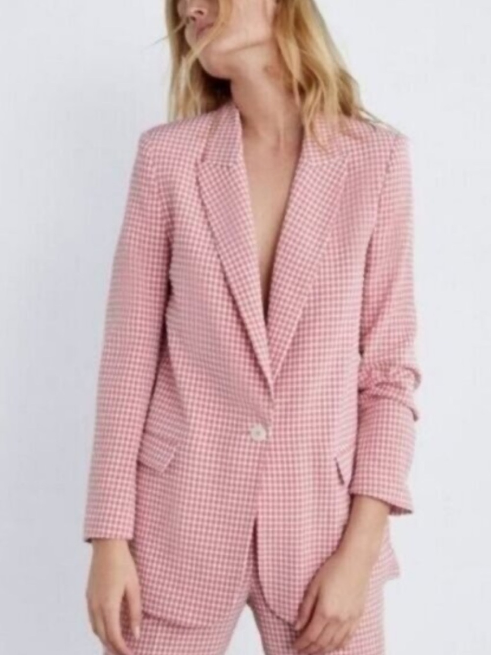 Zara Gingham Seer Sucker Blazer Womens Size Large Pink Pockets Single Button